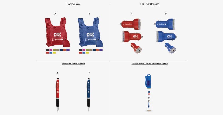 Bimbo Bakeries USA corporate promotional marketing materials, pens, sanitizer spray, folding bag, USB car charger
